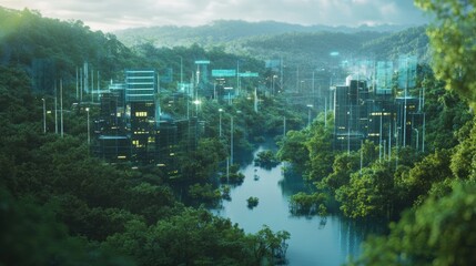 Obraz premium A futuristic city nestled in a lush green valley, with a river flowing through it.
