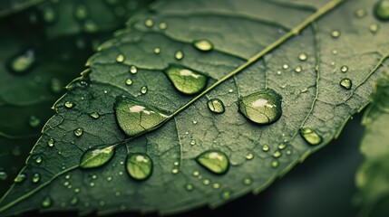 Fototapeta premium Collection of small raindrops on the veins of a leaf, macro view highlighting the clarity of the water, ultra-detailed close-up with a soft-focus background, natural and calming vibe