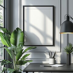 Modern workspace with large windows, indoor plants, and stylish decor during daylight hours