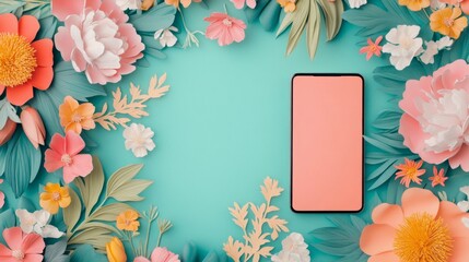 Peach-toned cellphone surrounded by paper flowers on a teal background.