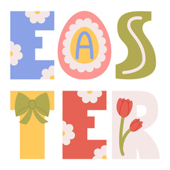 Vector greeting card with bold decorated letters Easter. Holiday banner in flat style