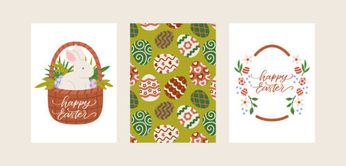 Vector set of Easter greeting cards. Bunny in basket with eggs, easter wreath, egg pattern. Holiday banners in flat style