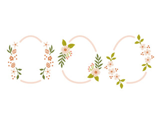 Vector Easter frames decorated with spring flowers. Holiday Easter wreathes isolated on white background