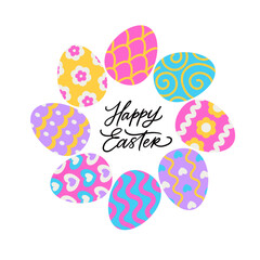 Happy Easter vector greeting card with frame of decorated eggs. Holiday colorful  banner with hand written calligraphy