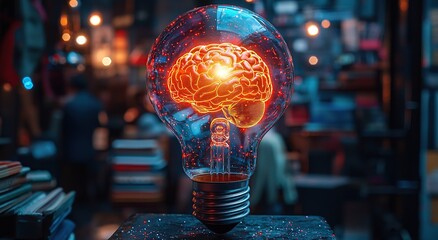 Creative light bulb design featuring a glowing brain inside, set in a vibrant, modern indoor environment