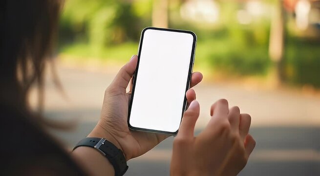A mobile phone with a white screen in woman's hand.