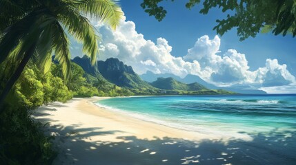 Serene Tropical Beach Scene with Turquoise Water and Lush Green Mountains