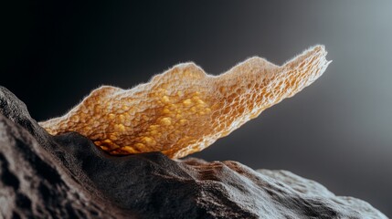 Abstract textured art.  Golden organic form rests on dark rock.