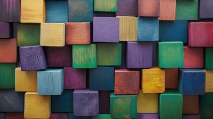 Colorful wooden blocks, abstract pattern, geometric shapes.  Background wall.  Stock photo