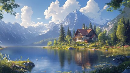 Obraz premium Scenic mountain retreat by pristine lake with cozy cabin and lush pine forest