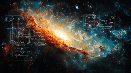 Spiral galaxy surrounded by complex mathematical formulas and space imagery