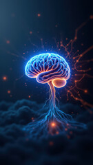 Obraz premium Futuristic depiction of artificial general intelligence with human-like brain and digital lightning.