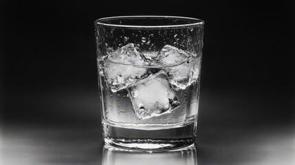 Glass of water with condensation, ice cubes floating inside, placed on a smooth reflective surface, hyper-detailed and refreshing minimalist composition