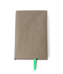 Book with ribbon bookmark isolated on white, top view