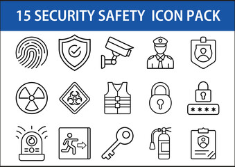 Security and Safety Line Icon Pack - A collection of 15 security and safety line icons, including surveillance, locks, fire extinguisher, hazard signs, and emergency exit symbols.  
