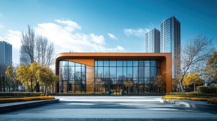 Modern glass building with orange accents in urban setting on a clear day