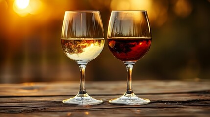 two beautiful glasses of wine, red and white as yin and yang