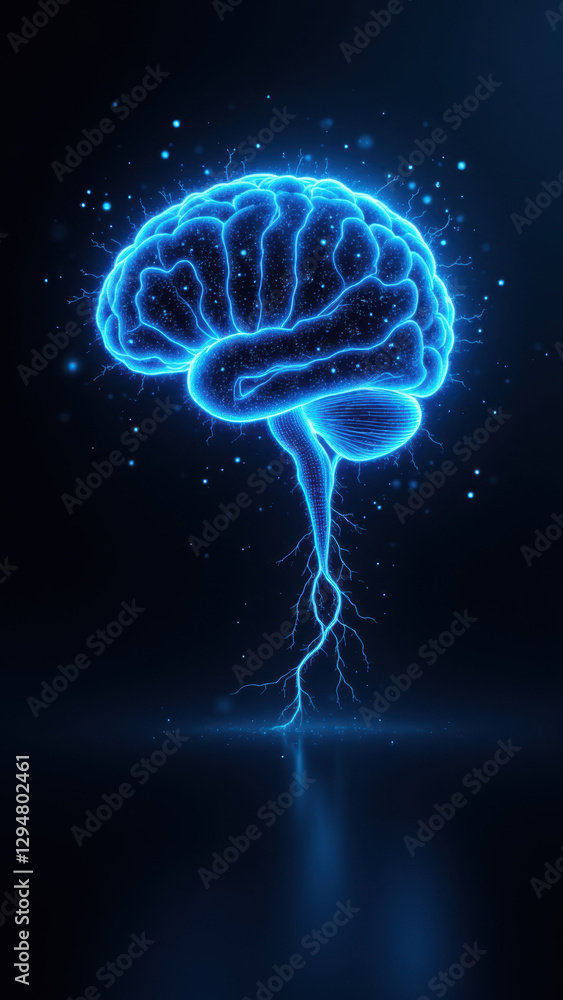 Poster an artistic representation of artificial general intelligence with a blue brain emitting sparkles ag