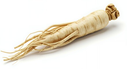 Pale Beige Ginseng Root with Brown Rootlets on White Background