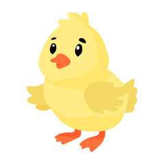 A cute yellow duck with its wings spread out. The duck is standing on its legs and looking at the camera