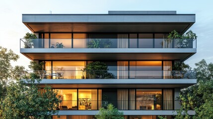 Modern four-story apartment building with glass balconies and lush greenery