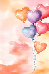 Watercolor background with  balloons in the shape of a heart. Greeting card with place for text