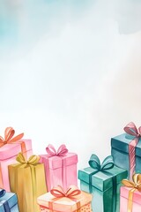 Watercolor birthday background with gift boxes. Greeting card with place for text