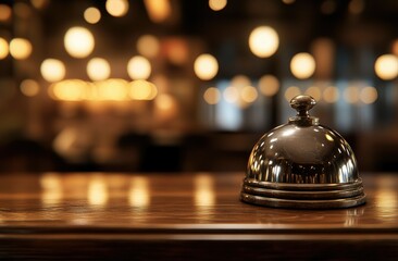 Restaurant service bell on wood counter, bokeh background