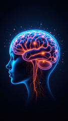 Obraz premium An illustration showing a human head with a glowing brain, symbolizing artificial general intelligence or AGI.