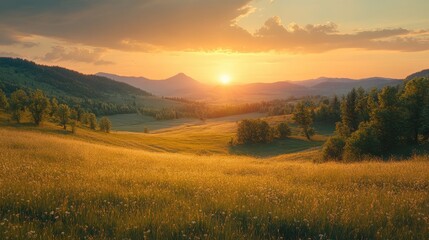 Obraz premium Serene mountain sunset landscape with rolling hills and lush meadows