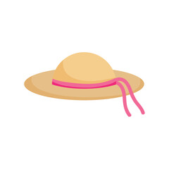 Flat Design Straw Hat Vector Illustration with Pink Ribbon for Summer, Beach, and Vacation Fashion Accessories