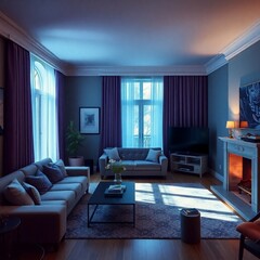 Fototapeta premium Living room interior wall mockup in bright tones with have sofa and lamp with minimalist wall background.