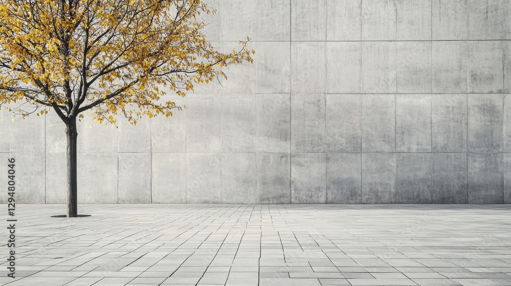 Poster an empty stone tiled plaza showcases a solitary tree with vibrant yellow leaves, standing in contras