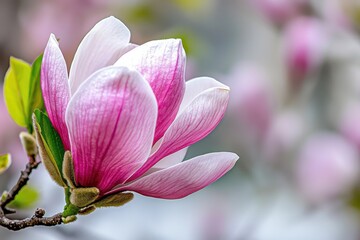 Soft-focus close-up of a magnolia bud beginning to bloom in delicate pastel tones