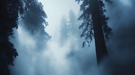 Naklejka premium Majestic redwood trees emerging from the thick fog