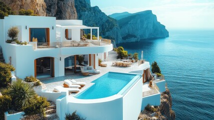 Fototapeta premium Luxurious mediterranean villa overlooking cliffside ocean view with infinity pool