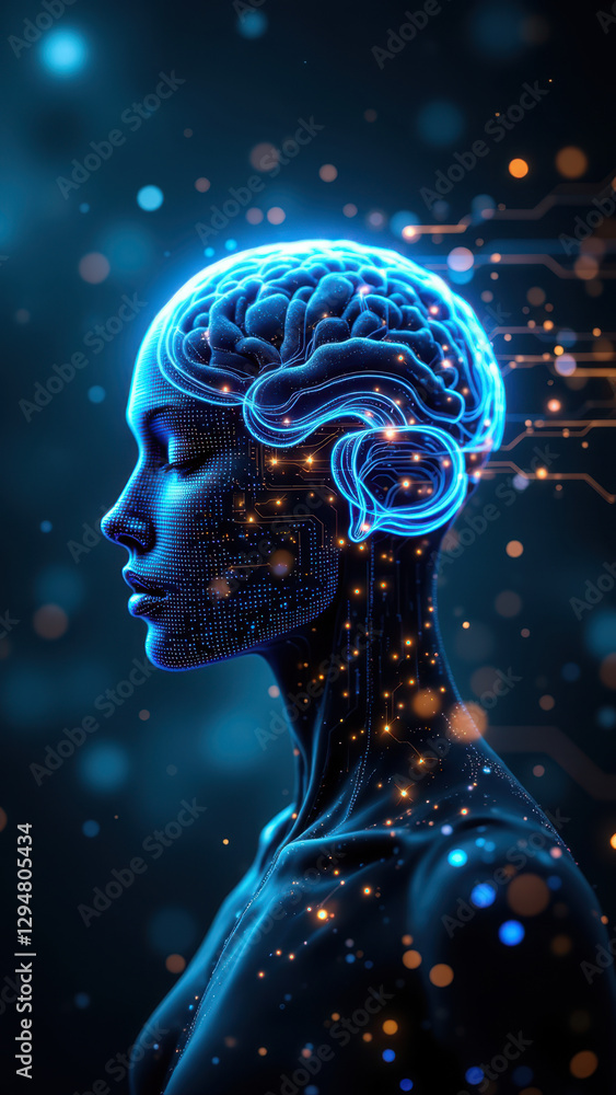 Poster an artistic representation of artificial general intelligence with a humanoid figure featuring a bra