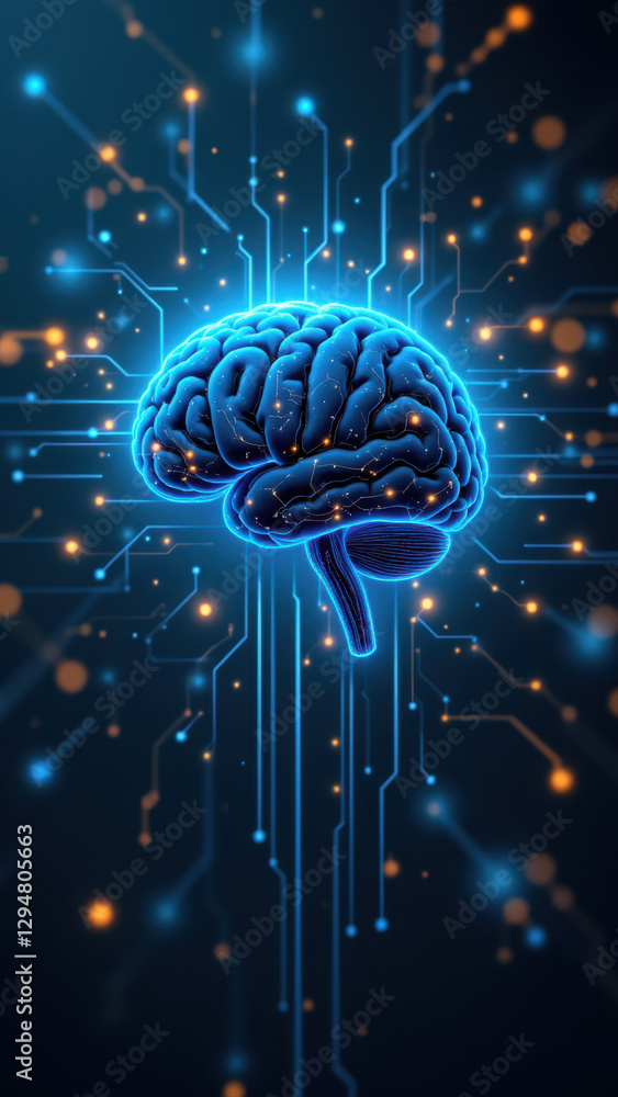 Poster a digital art representation of artificial general intelligence with a human brain at its core, symb