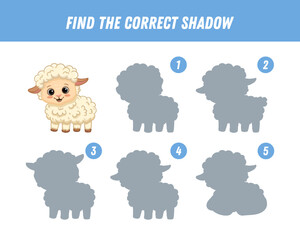 Find correct shadow of cute cartoon sheep. Educational logical game for kids. Funny animal. Vector illustration
