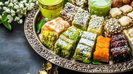 A beautifully arranged platter of assorted sweets with green drinks and floral accents