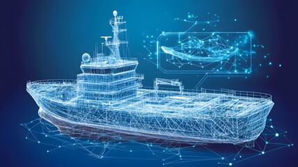 3D wireframe model of a modern ship with digital elements and a blueprint overlay in a tech setting
