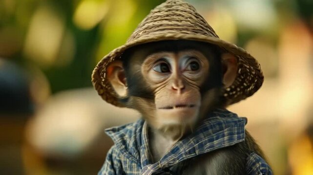 Scene of apes wearing farmer's clothes and hats, smooth repeating motion for background video animation