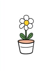 A charming illustration featuring a single white flower with yellow center and green leaves in a light-colored flower pot, exuding a sense of freshness and nature.
