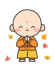 A delightful illustration of a cheerful young monk, dressed in an orange robe, hands together in a praying gesture surrounded by colorful autumn leaves symbolizing peace and tranquility.