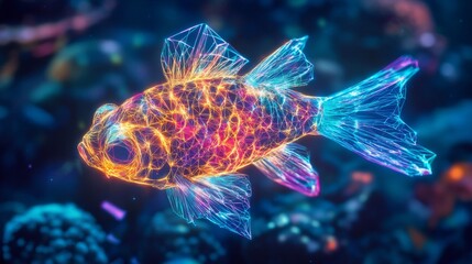 Fototapeta premium Glowing Colorful Abstract Fish in Dark Underwater Scene