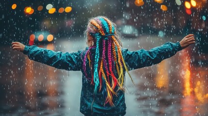 A woman with rainbow hair is standing in the rain, with her arms outstretched