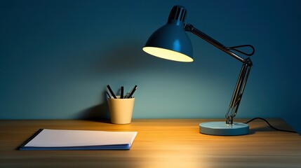 Minimalist Workspace with Soft Lighting and Stationery