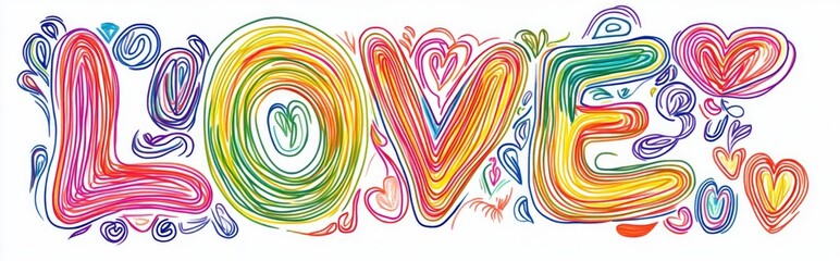 An energetic typography artwork of the word 'LOVE' created with vivid colors and playful spirals. It radiates positivity, expressing joy and affection in a cheerful style.