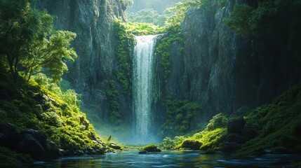 Serene waterfall with lush greenery in rocky valley