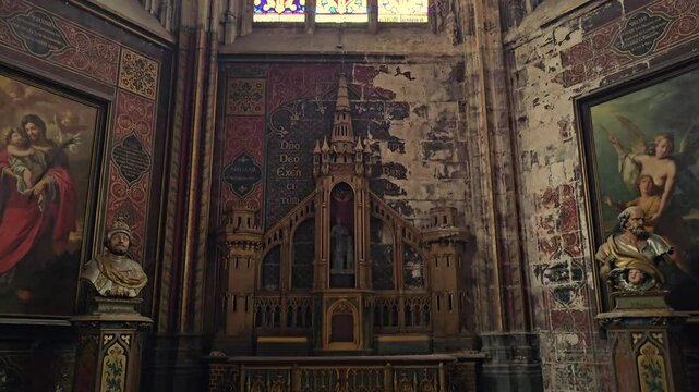 Lille, France - 13 October 2024 : Interior of The old, Gothic, Catholic church of Saint Maurice in Lille. Front view , in the historic centre of Lille, northern France.